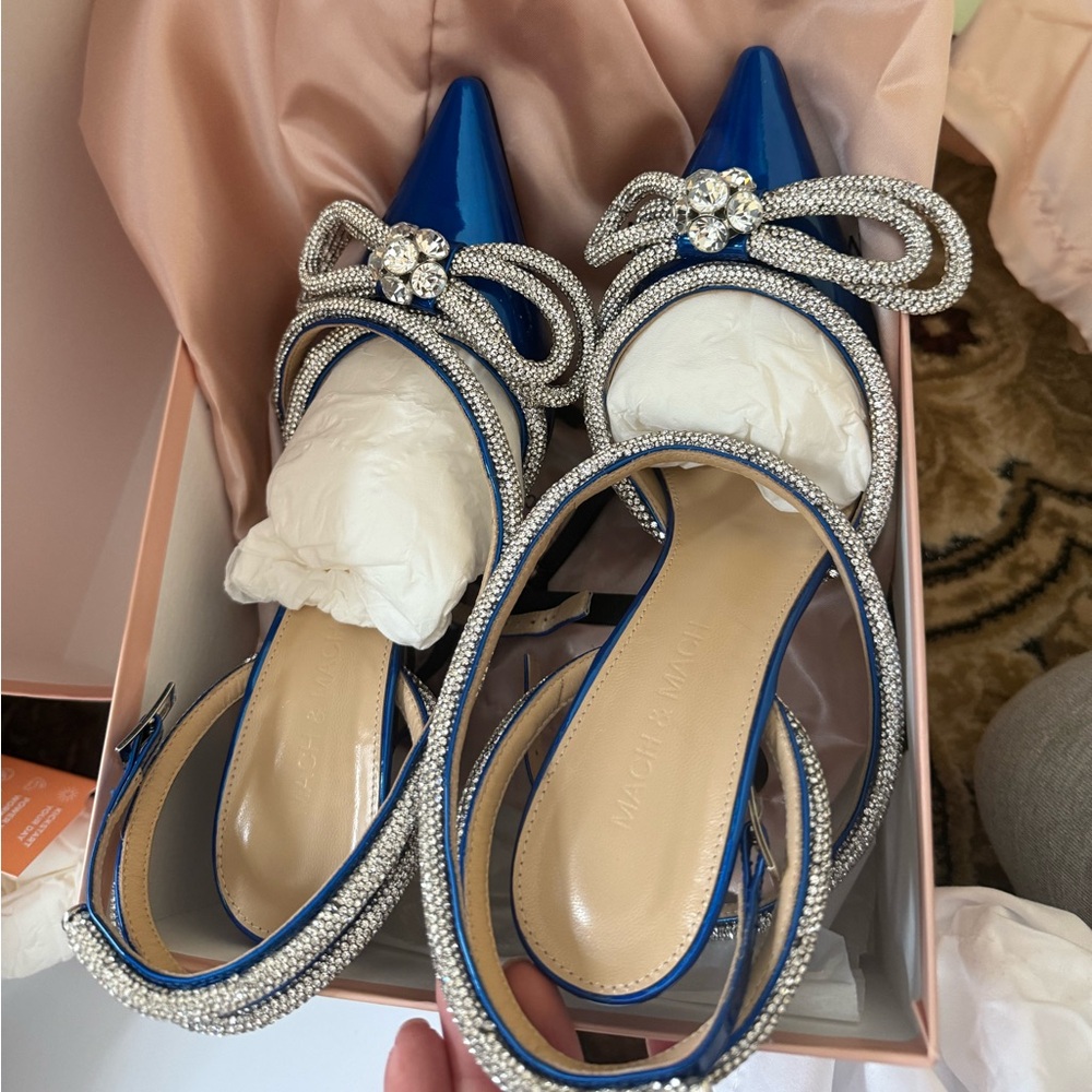 Mach & Mach only worn around the house, iridescent, leather double bow blue